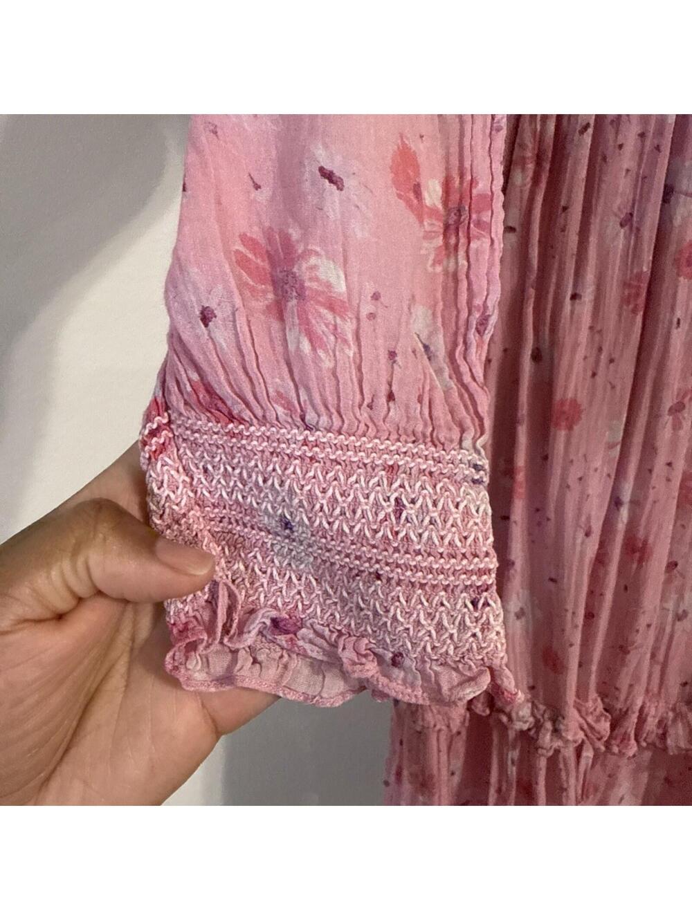 $475 LoveShackFancy Pink "Miri" Dress w/ Square Smocked Bodice Ruffle Hem - LRG - Picture 4 of 11
